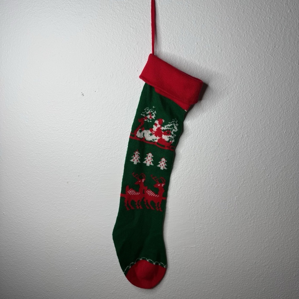 Vintage Green & Red Christmas Stocking Santa Claus Sleigh Reindeer Pom Poms 26"‎